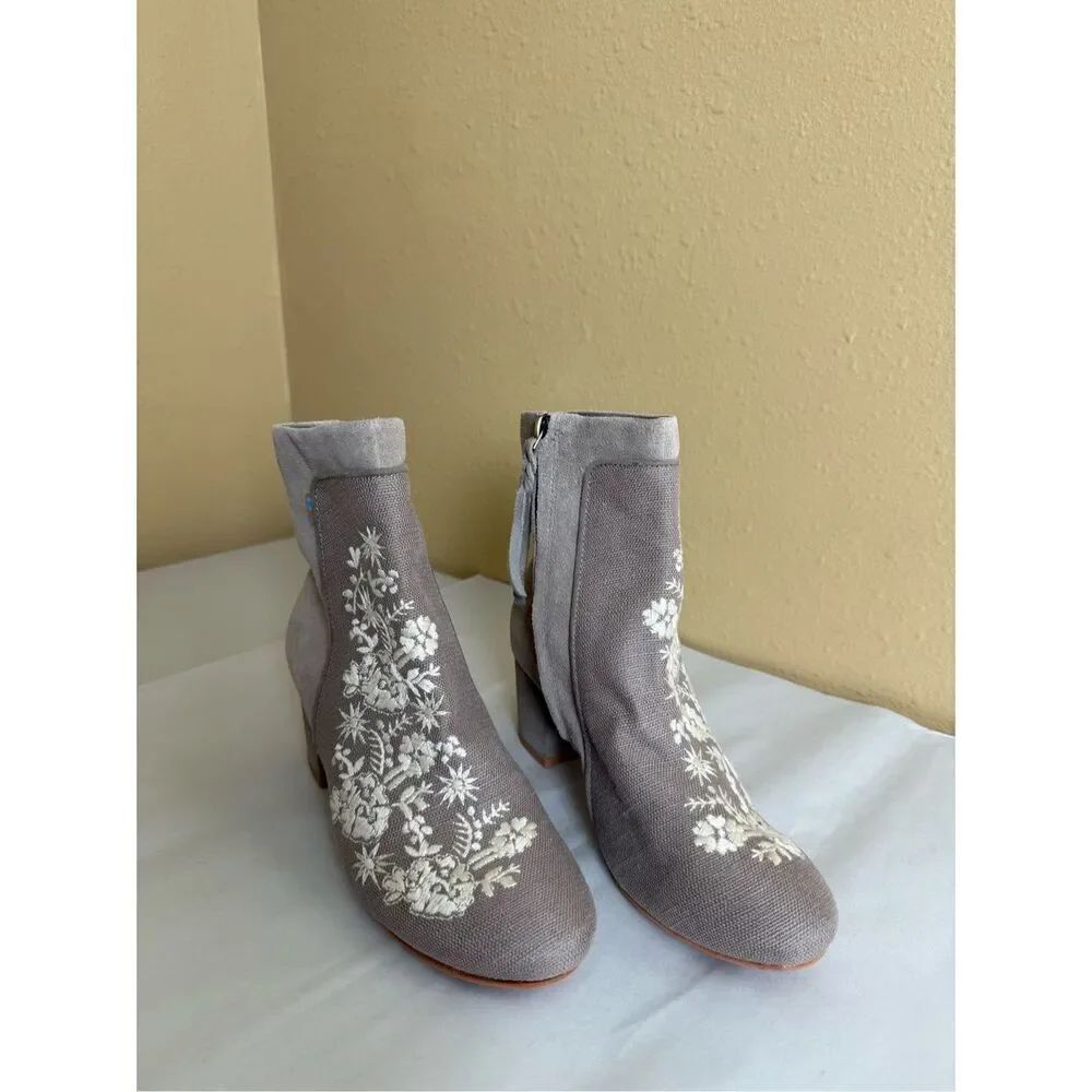 TOMS Evie Embroidered Heritage Canvas and Suede Booties SZ W8